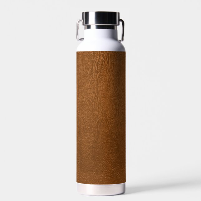 Brown Cowhide Leather Texture Look Water Bottle (Front)