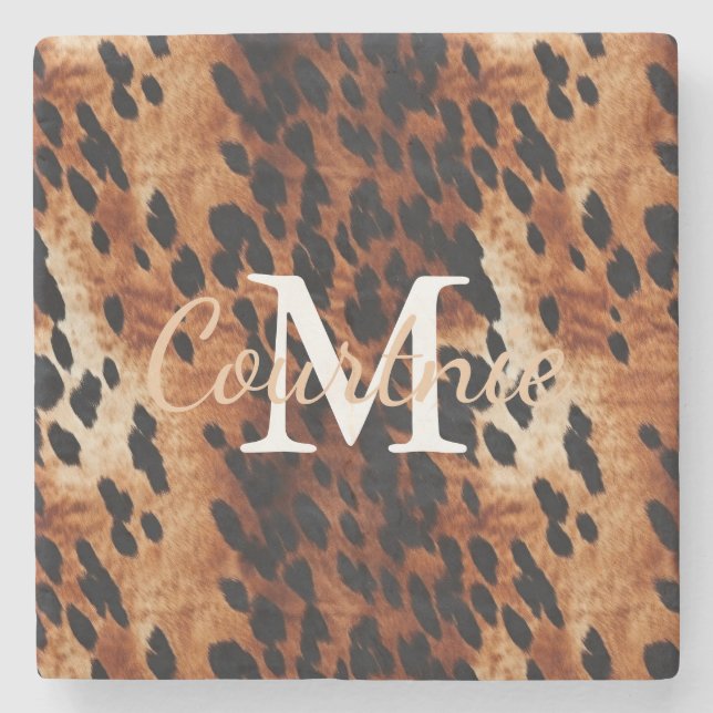 Brown Cowhide Monogram Stone Coaster (Front)
