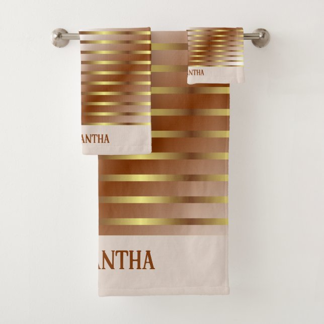 Brown Cream And Gold Stripes Name Bath Towel (Insitu)