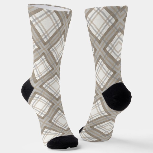 Brown Cream and Grey Plaid Unisex Socks (Angled)