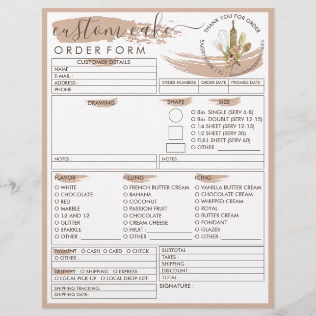 Brown Cream Bakery Cake Order Form Flyer (Front)