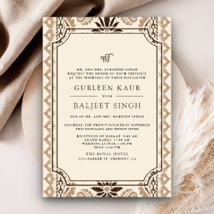 Brown Cream Beige Ikat Anand Karaj Sikh Wedding Invitation
