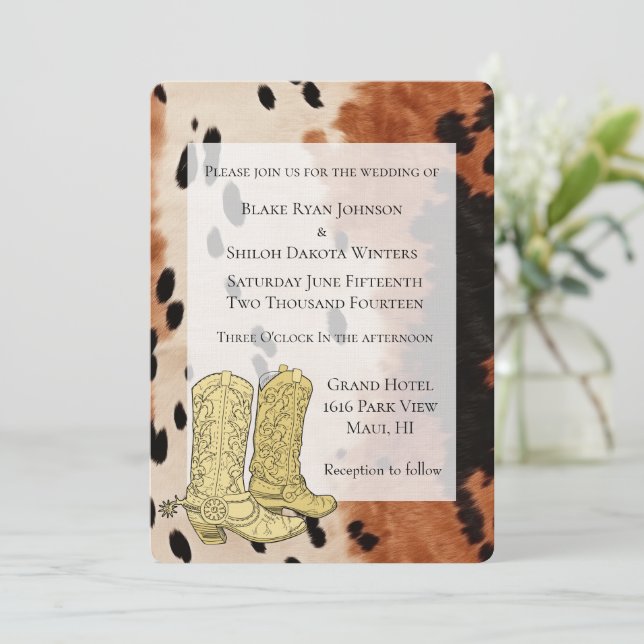 Brown Cream Black Cowhide Cowboy Boots Invitation (Standing Front)