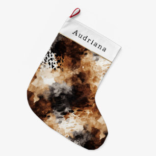 Brown Cream Black Leopard Animal Christmas Large Christmas Stocking