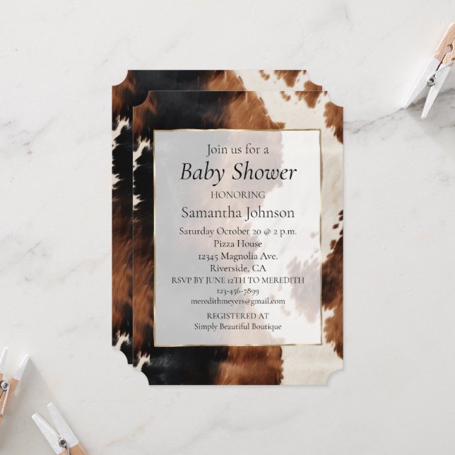 Brown Cream Black Southwest Cowboy Cowgirl Cowhide Invitation (Front/Back In Situ)