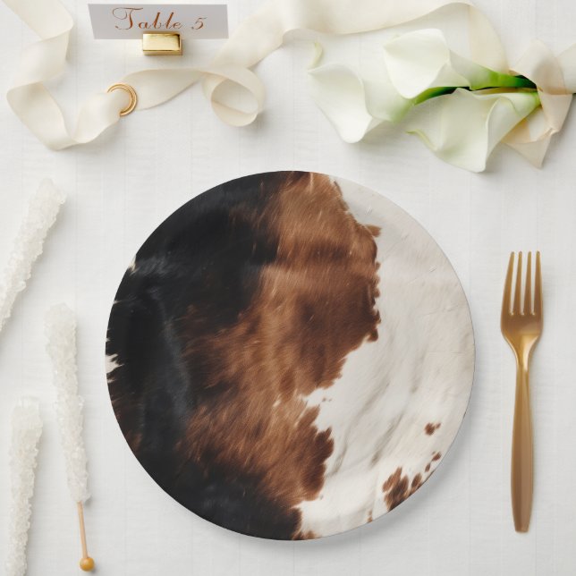 Brown Cream Black Southwest Cowhide Paper Plate (Wedding)