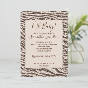 Brown Cream Blush Zebra Glitter Baby Shower Invitation