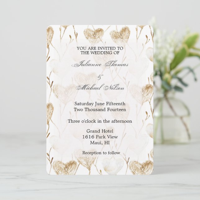 Brown Cream Boho Hearts Wedding Invitation (Standing Front)