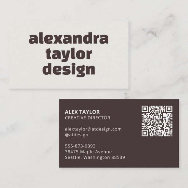 Brown Cream Bold Typography Minimalist QR Code Business Card (Front/Back)