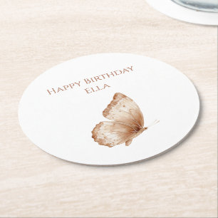 Brown Cream Butterfly Birthday Round Paper Coaster