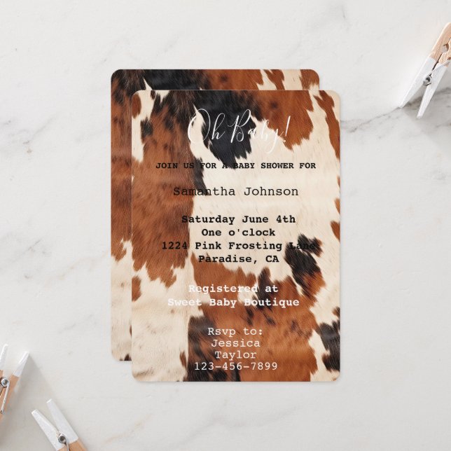 Brown Cream Cowhide Cowboy Cowgirl Baby Shower Invitation (Front/Back In Situ)