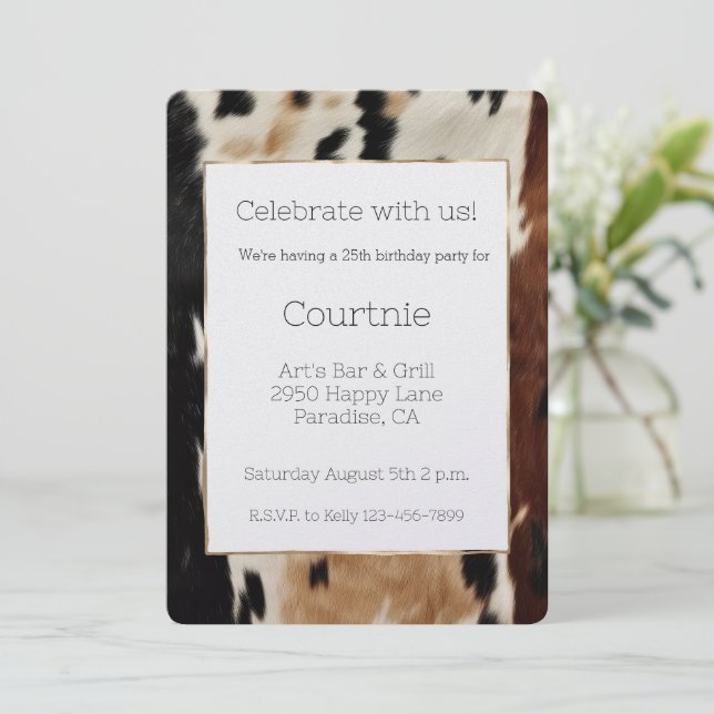 Brown Cream Cowhide Cowgirl Cowboy Birthday Invitation (Standing Front)