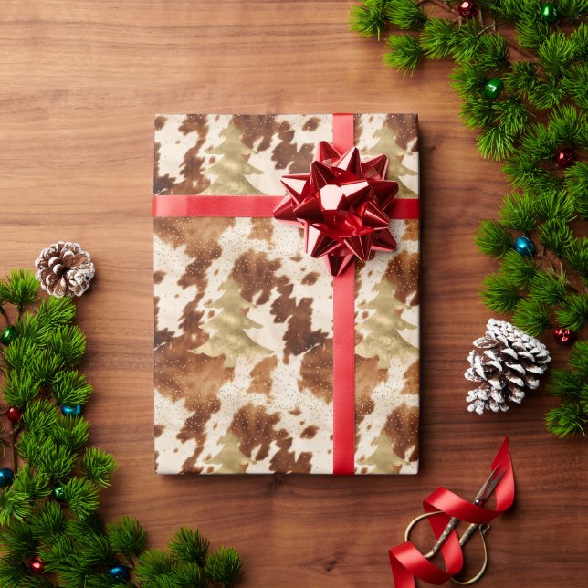 Brown Cream Cowhide Gold Confetti Christmas Tree Wrapping Paper (Holiday Gift)