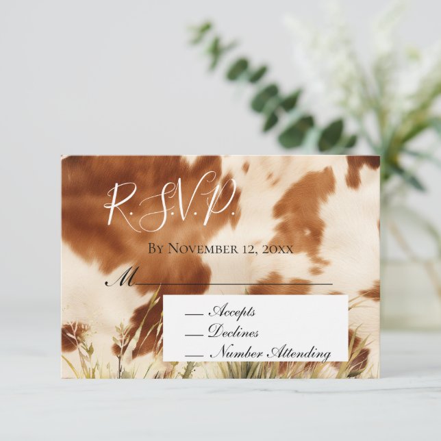 Brown Cream Cowhide Wedding RSVP Enclosure Card (Standing Front)