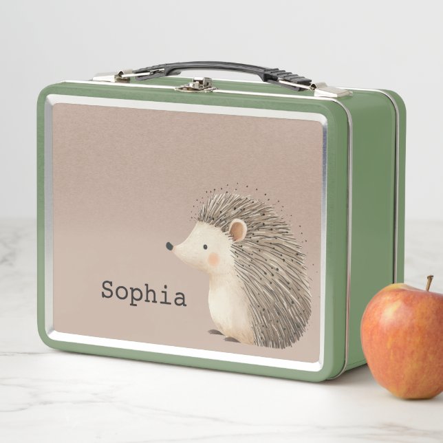 Brown Cream Cute Hedgehog Personalised Metal Lunch Box (In Situ)