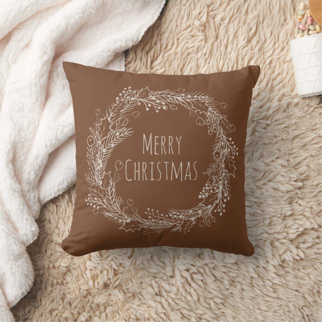 Brown Cream Earthy Merry Christmas Line Art Cushion (Blanket)