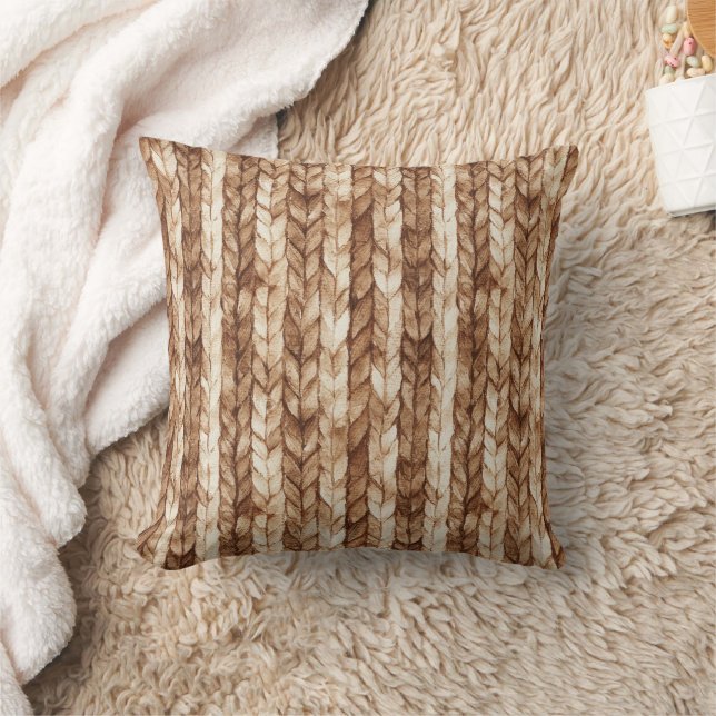 Brown Cream Faux Woven Stripes Cushion (Blanket)
