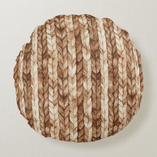 Brown Cream Faux Woven Stripes Round Cushion