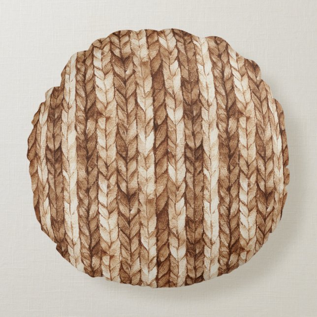 Brown Cream Faux Woven Stripes Round Cushion (Front)