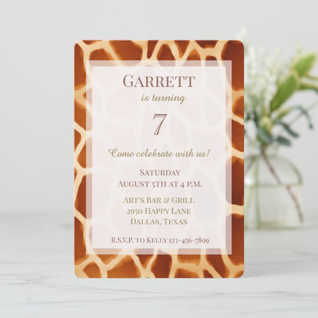 Brown Cream Giraffe Animal Print Birthday Invitation (Standing Front)