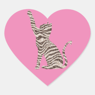 Brown Cream Glitter Stripes Cat Heart Sticker