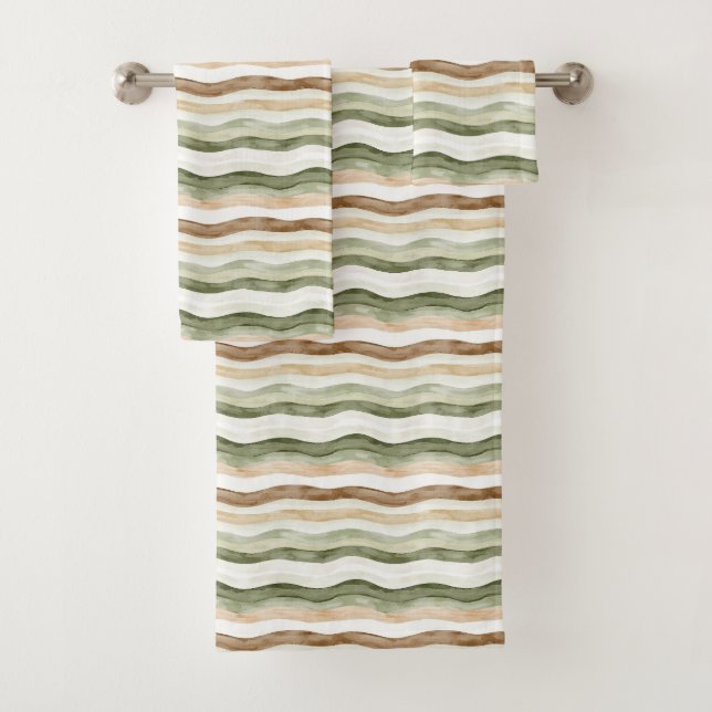 Brown Cream Green Stripes Bath Towel Set (Insitu)