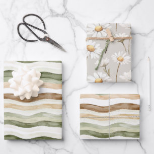 Brown Cream Green Stripes Daisies Birthday Wrapping Paper Sheet