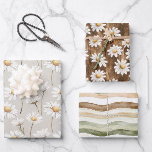 Brown Cream Green Stripes Daisy Floral Birthday Wrapping Paper Sheet