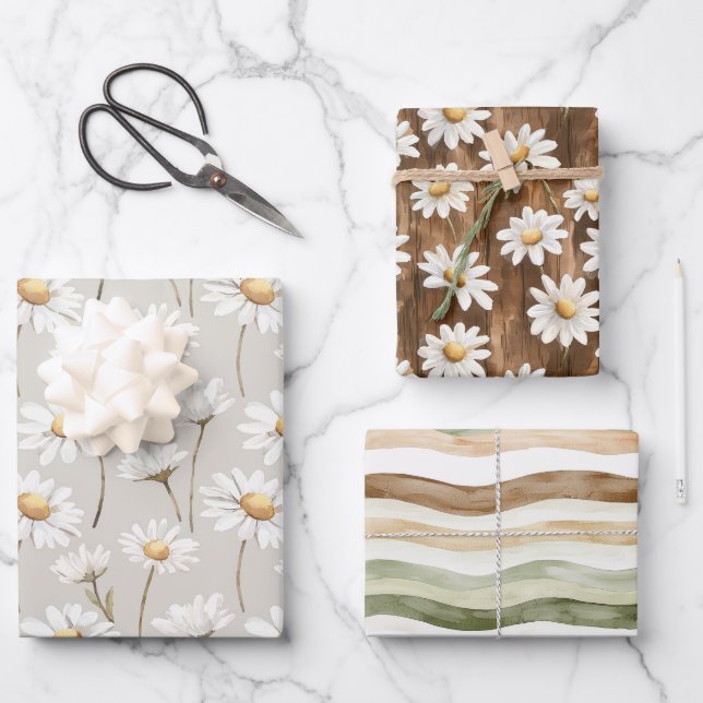 Brown Cream Green Stripes Daisy Floral Birthday Wrapping Paper Sheet (Front)