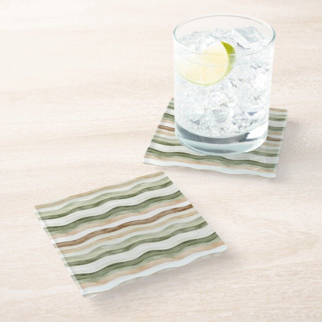 Brown Cream Green Stripes Glass Coaster (Angled)