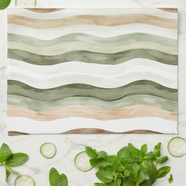 Brown Cream Green Stripes Tea Towel (Folded)