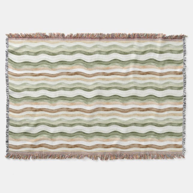 Brown Cream Green Stripes Throw Blanket (Front)