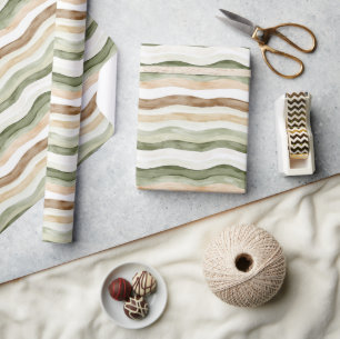 Brown Cream Green Stripes Wrapping Paper