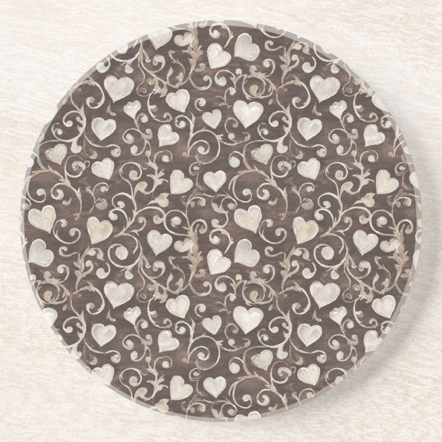 Brown Cream Hearts Coaster (Front)