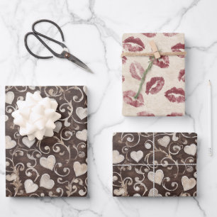 Brown Cream Hearts Red Lips Kisses Bridal Shower Wrapping Paper Sheet