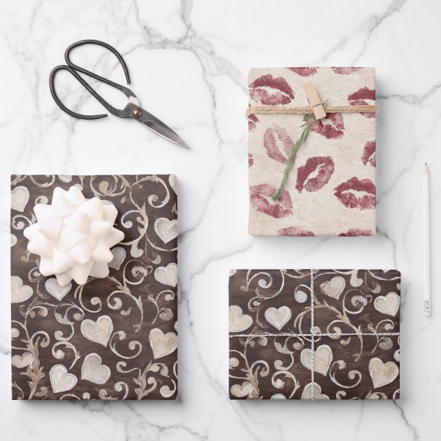 Brown Cream Hearts Red Lips Kisses Bridal Shower Wrapping Paper Sheet (Front)