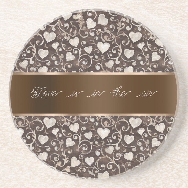 Brown Cream Hearts Ribbon   Coaster (Front)