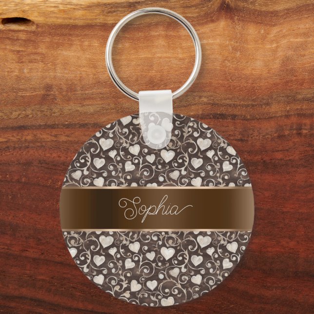 Brown Cream Hearts Ribbon   Key Ring (Front)