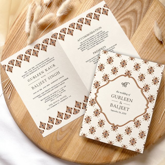 Brown Cream Ikat All in One Sikh Wedding Invitation (Creator Uploaded)