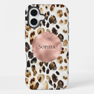 Brown Cream Leopard Animal Rose Gold Glam iPhone 16 Plus Case
