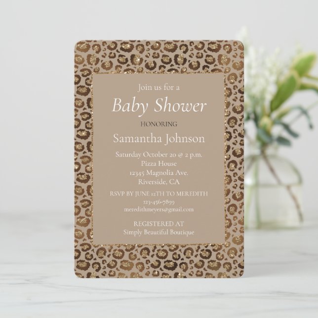 Brown Cream Leopard Print Animal Print Glitter Invitation (Standing Front)