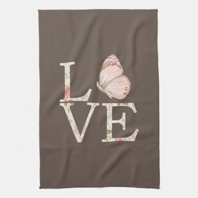 Brown Cream Pink Love Butterfly Floral Tea Towel (Vertical)
