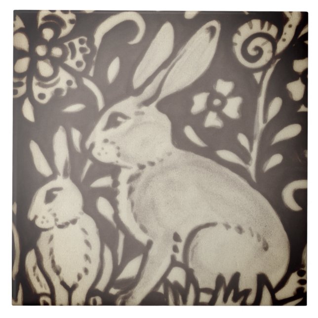 Brown Cream Rabbit Floral Foliage Woodland Decor Tile (Front)