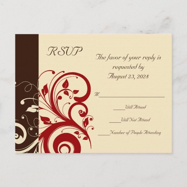 Brown/Cream/Red Reverse Swirl Invitation Postcard (Front)