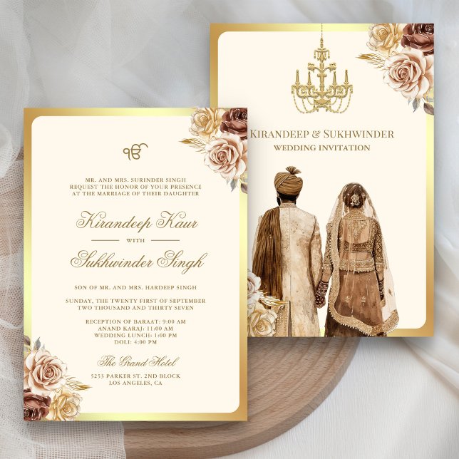 Brown Cream Roses Floral Anand Karaj Sikh Wedding Invitation (Creator Uploaded)