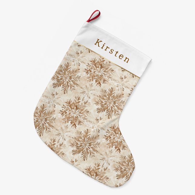 Brown Cream Snowflakes Christmas Large Christmas Stocking (Front (Hanging))