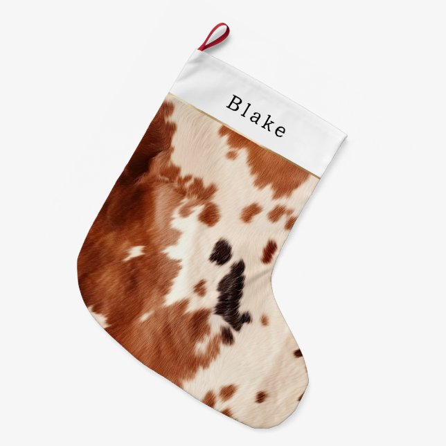 Brown Cream Southwest Cowhide Christmas Large Christmas Stocking (Front (Hanging))