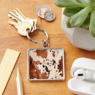 Brown Cream Southwest Cowhide Key Ring