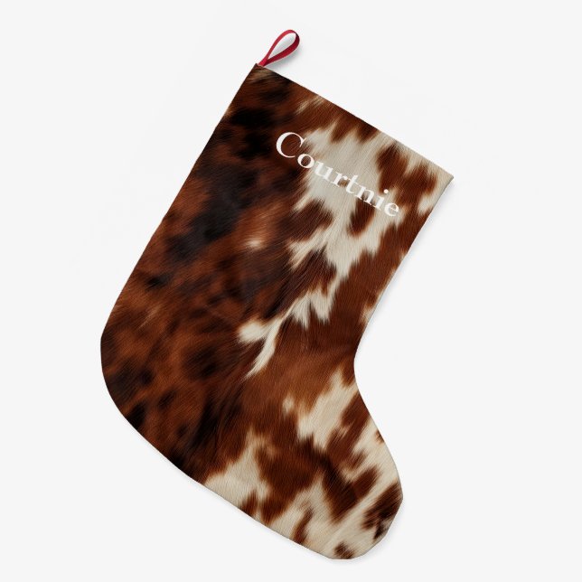Brown Cream Southwest Cowhide Large Christmas Stocking (Front (Hanging))
