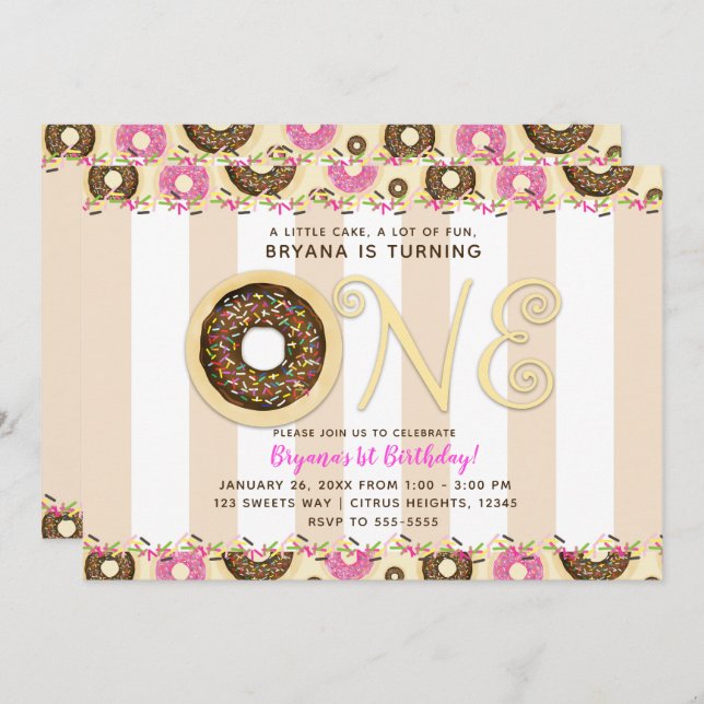 Brown Cream Sprinkle Doughnuts ONE 1ST Birthday Pa Invitation (Front/Back)